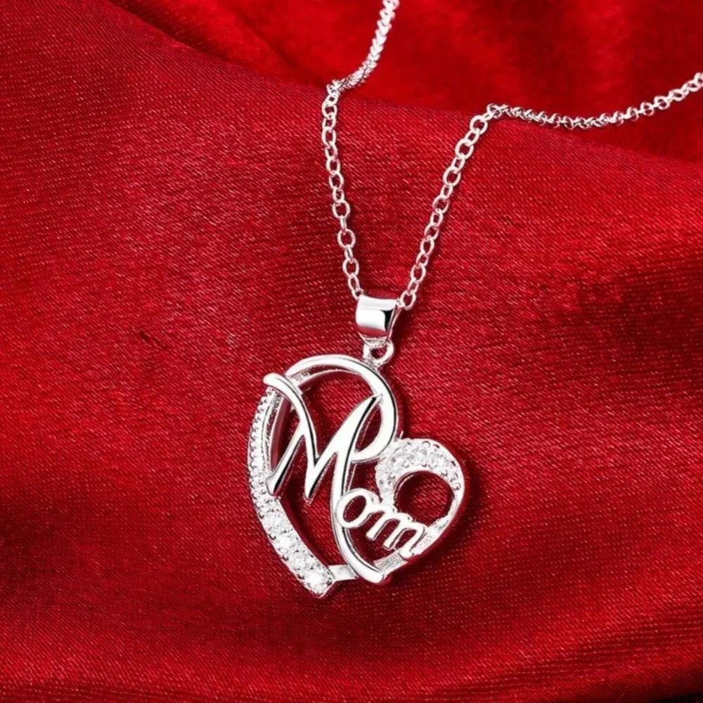 Sterling Silver Mom Love Heart Pendant Necklace